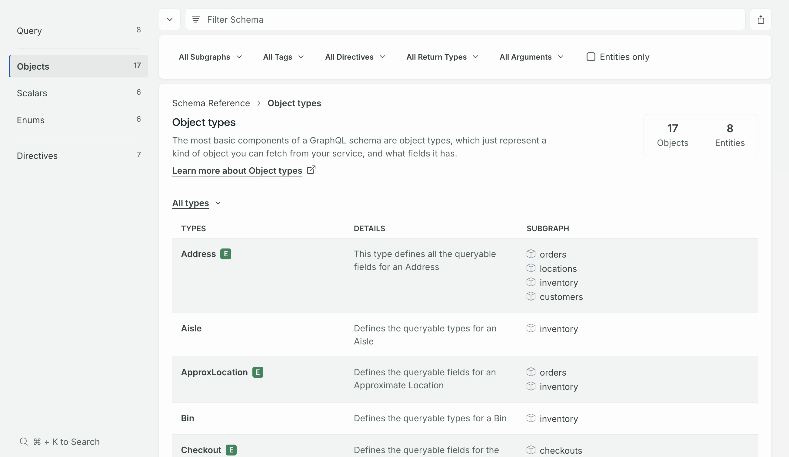 Schema page list of type definitions in Studio